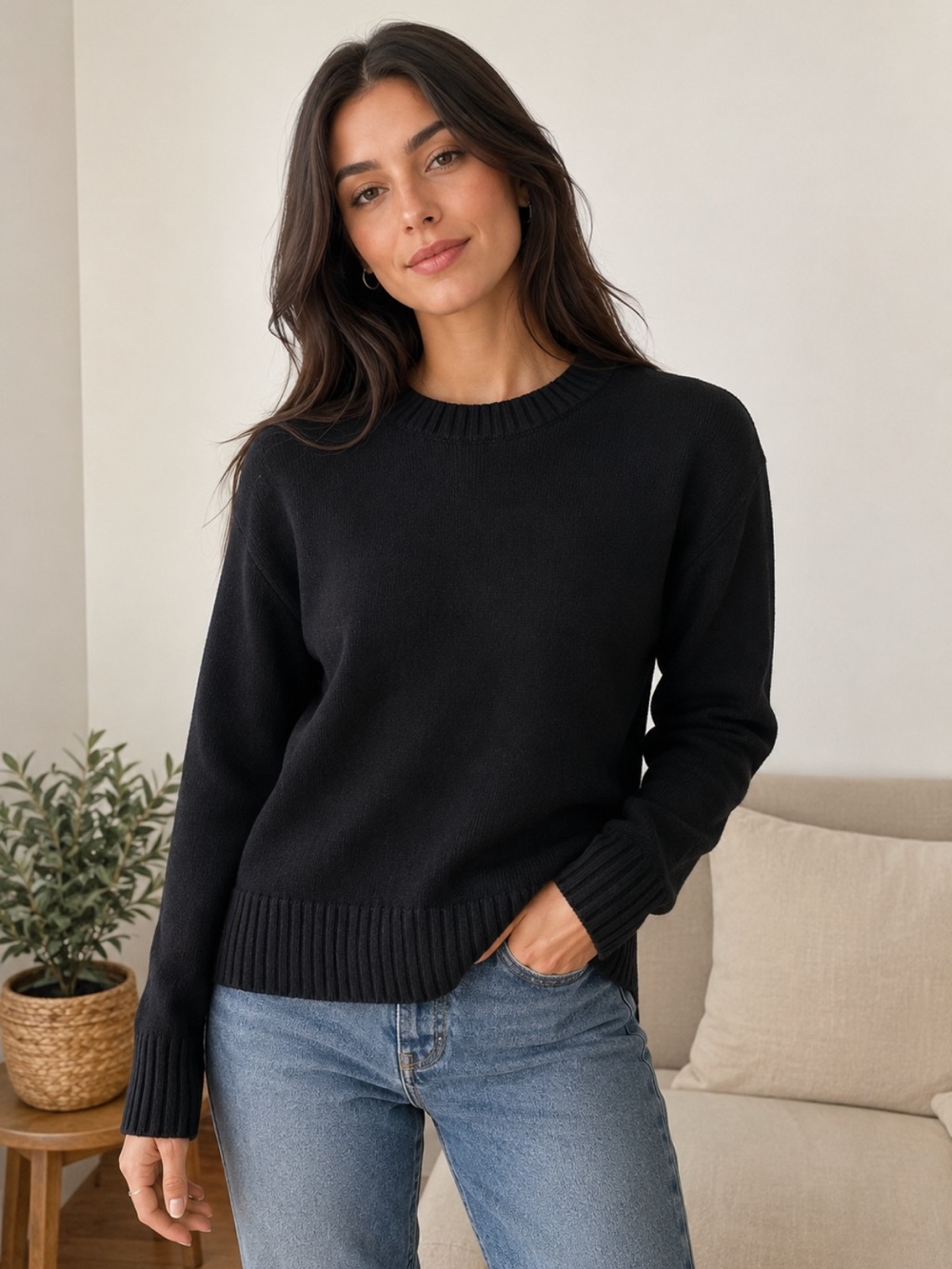 Everlane Black Organic Cotton Crewneck Sweater Women’s Minimalist Rib Trim